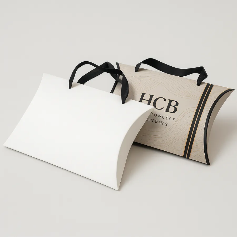 Elegant apparel pillow packaging boxes with handles- one white and one brown with black stripes- class=